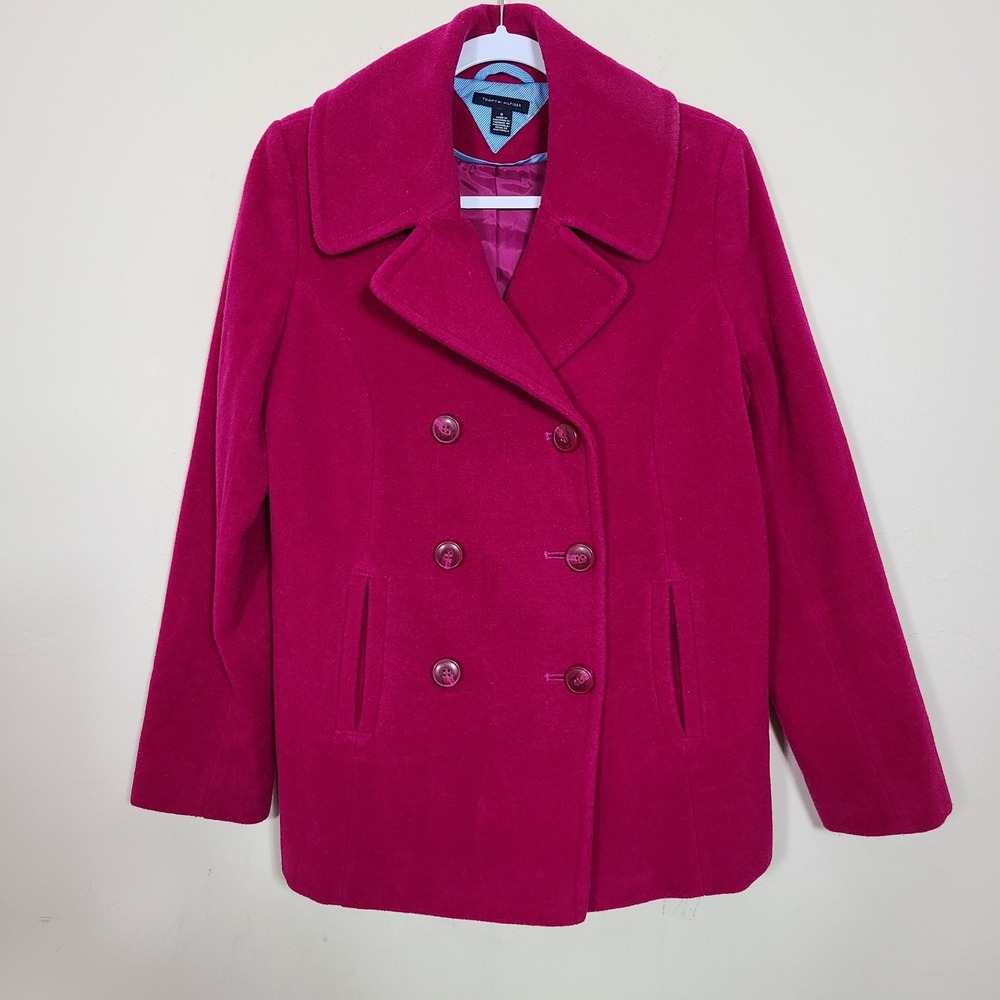 Tommy Hilfiger Pink Wool Blend‎ Womens 8 Pea Coat Magenta Barbiecore Twee Flawed
